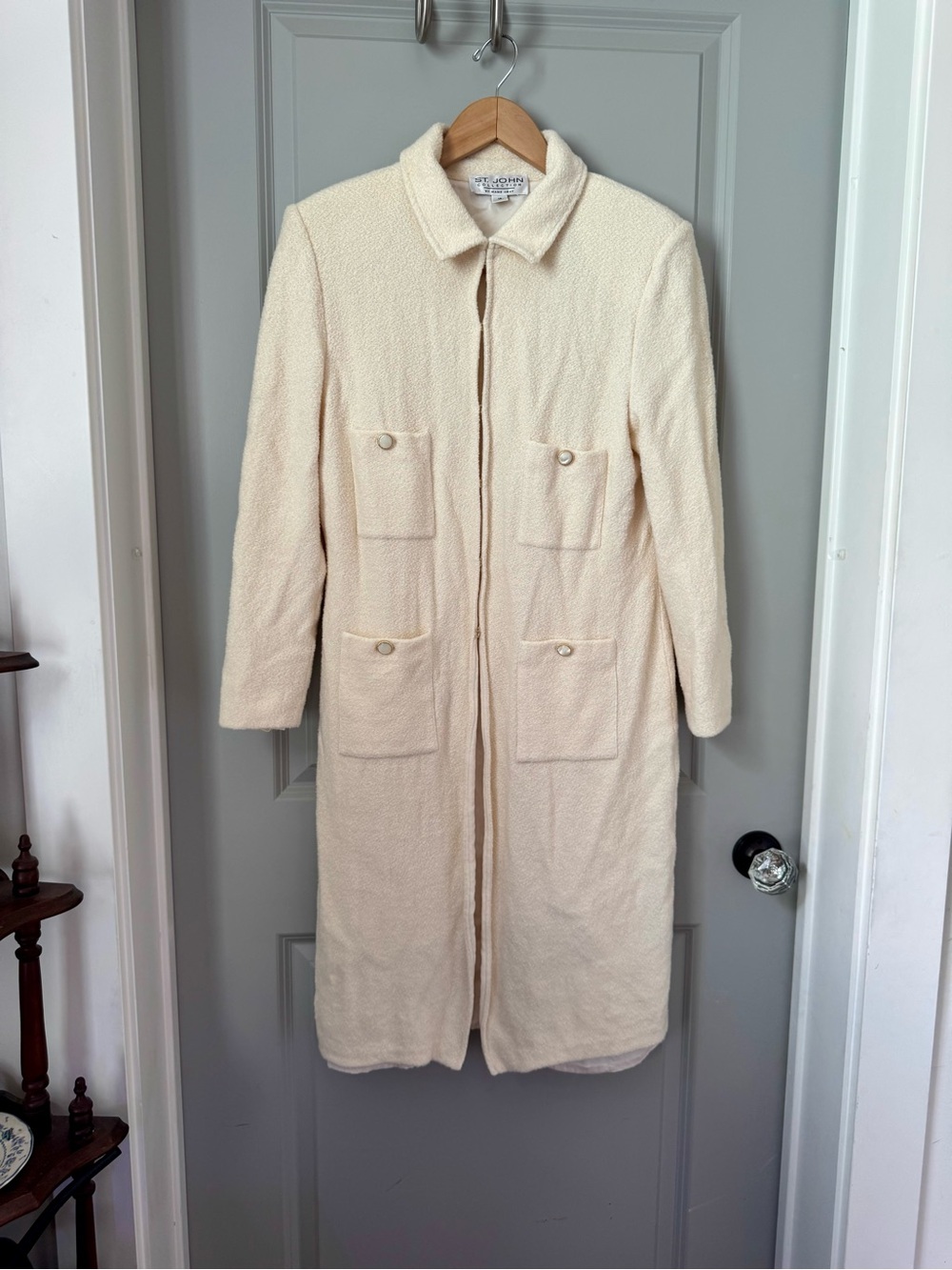 St. John Collection Cream Long Bouclé Coat